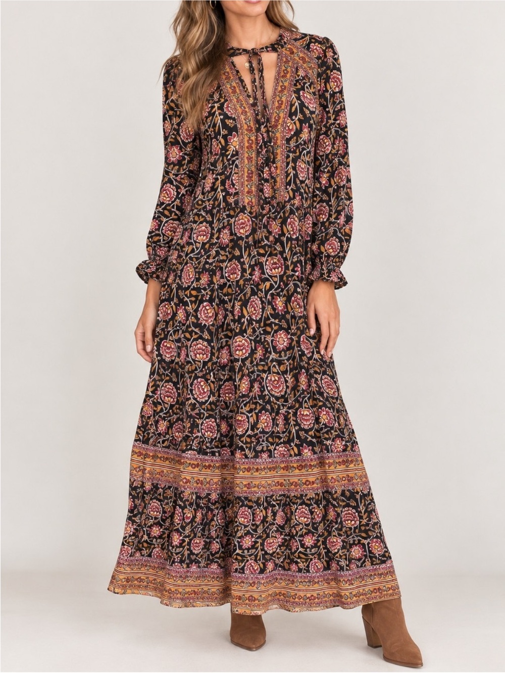Knox Rose Boho Floral Maxi Midi Dress Black Rust Fall Autumn Tiered Skirt